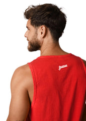 Man wearing a red sleeveless shirt with a logo on the back against a white background