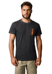 Man wearing a black t-shirt with an orange logo on a white background