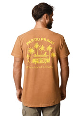 Man wearing a brown t-shirt with yellow graphic and text on a white background