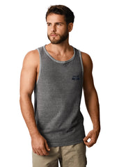 Man wearing a gray tank top on a plain background