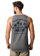 Man wearing a gray tank top with palm tree and van design on the back.