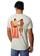Man wearing a t-shirt with a colorful graphic on the back, standing against a white background