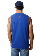 Man wearing a blue sleeveless shirt with a logo on the back against a white background