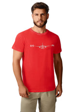Man wearing a red t-shirt with a graphic design on a white background