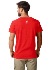 Man wearing a red t-shirt with a logo on the back against a white background