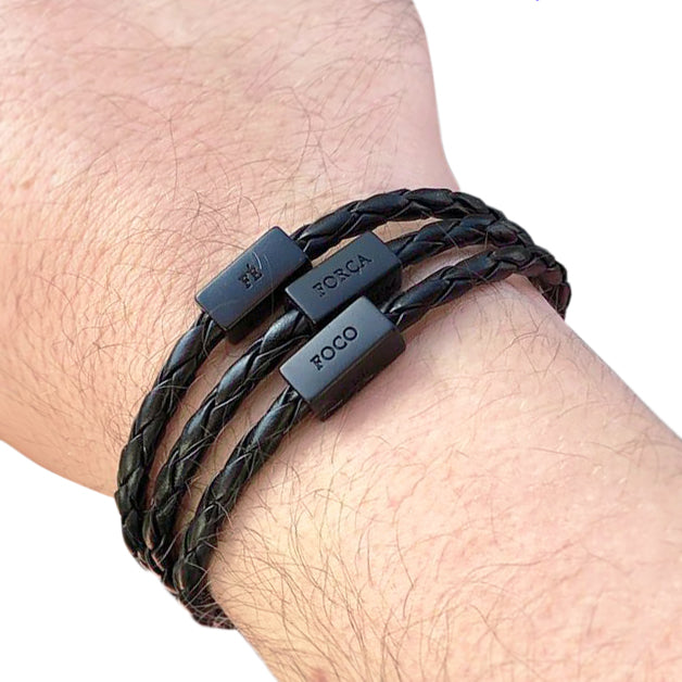Men's Bracelet Black Leather Silver Adjustable with words of Focus, Strength, Faith, & Courage in Portuguese - CLEARANCE / FINAL SALES