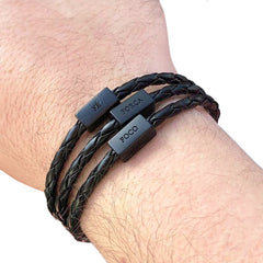Men's Bracelet Black Leather Silver Adjustable with words of Focus, Strength, Faith, & Courage in Portuguese