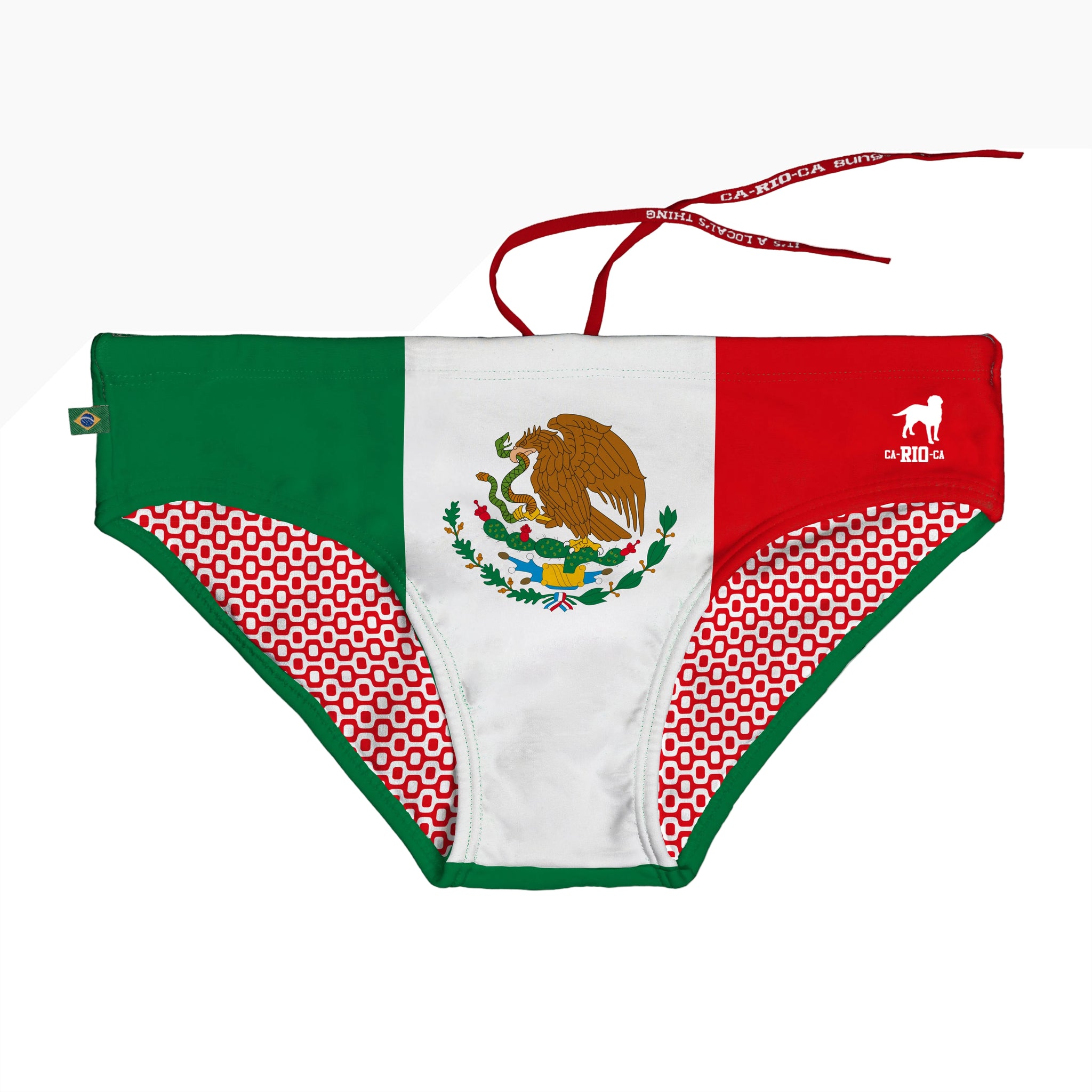 Mexican flag-themed underwear with a brand logo on a white background