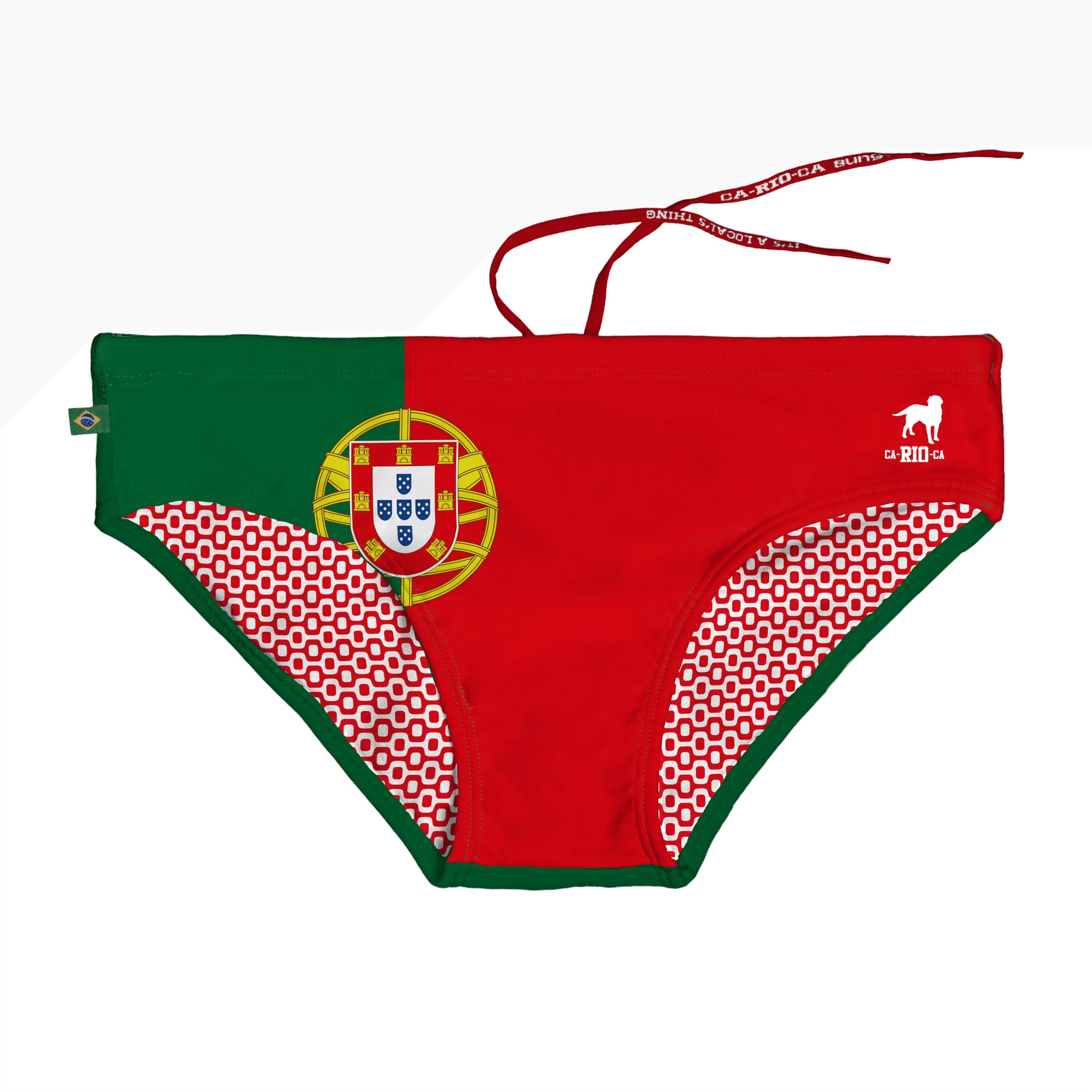 Portuguese flag-themed underwear with a logo on a white background