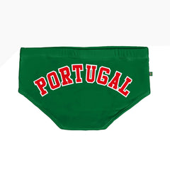 Green underwear with 'PORTUGAL' printed in red on a white background