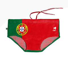 Portuguese flag-themed underwear with a lion logo on a white background