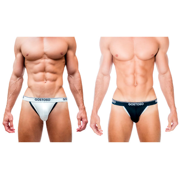 Cueca Gostoso - Cueca Jockstrap de algodão branco e preto com acabamento