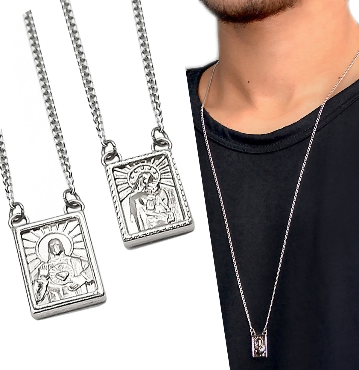 Men's Stainless Steel Scapular in Black or Silver, - Men's Necklace - Male Jewelry