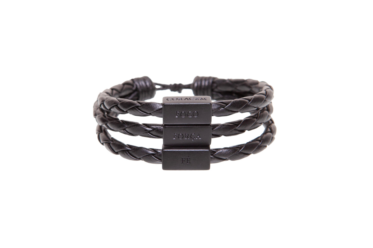 Men's Bracelet Black Leather Silver Adjustable with words of Focus, Strength, Faith, & Courage in Portuguese - CLEARANCE / FINAL SALES