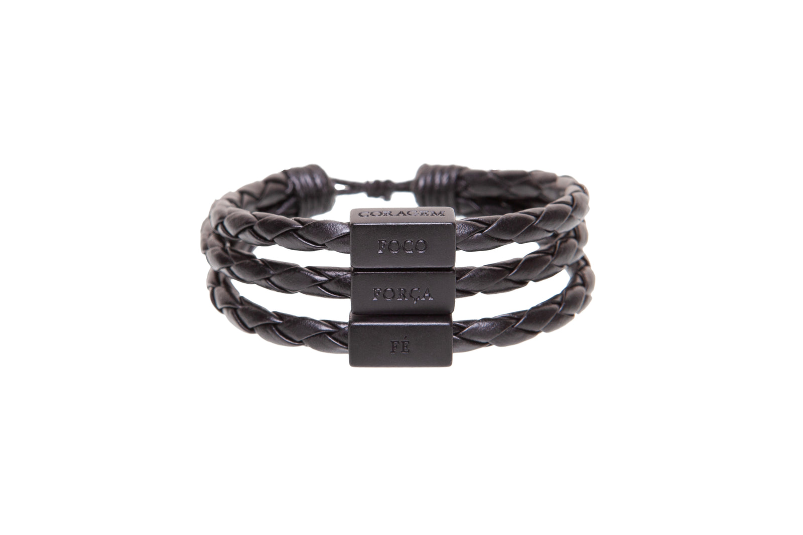 Men's Bracelet Black Leather Silver Adjustable with words of Focus, Strength, Faith, & Courage in Portuguese - CLEARANCE / FINAL SALES