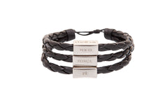Men's Bracelet Black Leather Silver Adjustable with words of Focus, Strength, Faith, & Courage in Portuguese