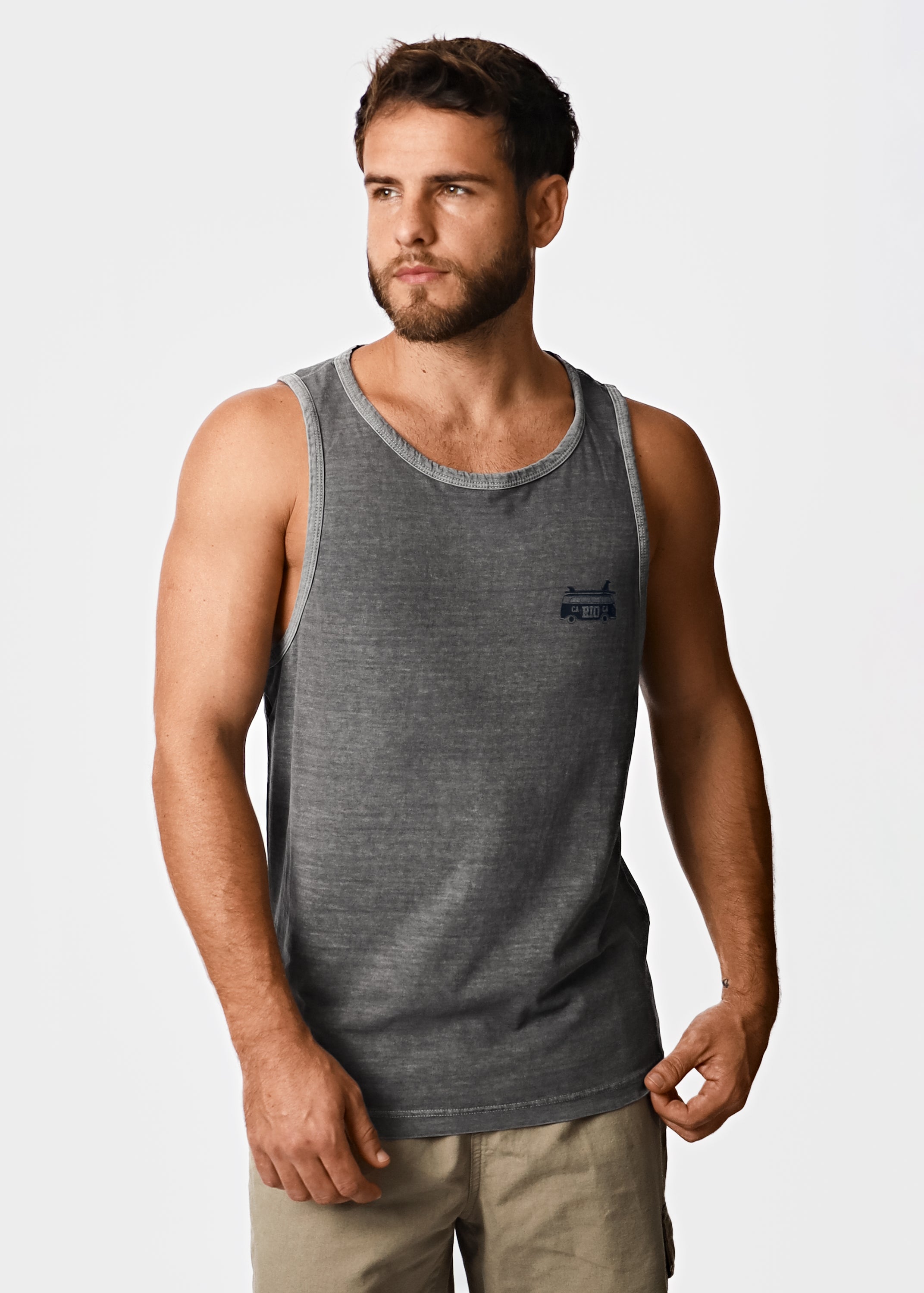 Gostoso Logotipo Regata Ribada com Estampa de Listras em Branco e Preto - Regatas Masculinas