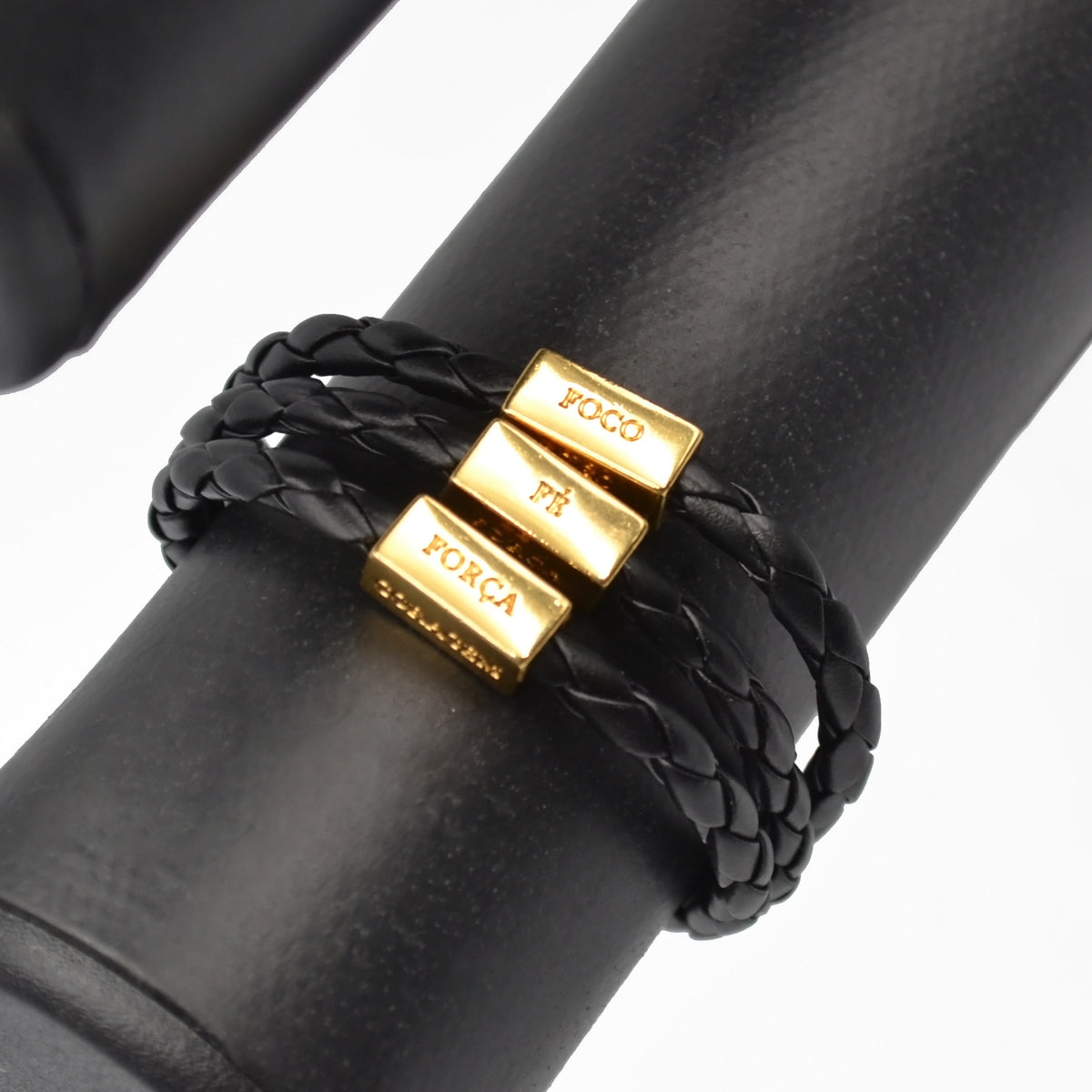 Men's Bracelet Black Leather Silver Adjustable with words of Focus, Strength, Faith, & Courage in Portuguese - CLEARANCE / FINAL SALES