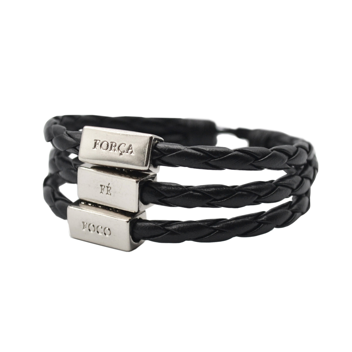 Men's Bracelet Black Leather Silver Adjustable with words of Focus, Strength, Faith, & Courage in Portuguese - CLEARANCE / FINAL SALES