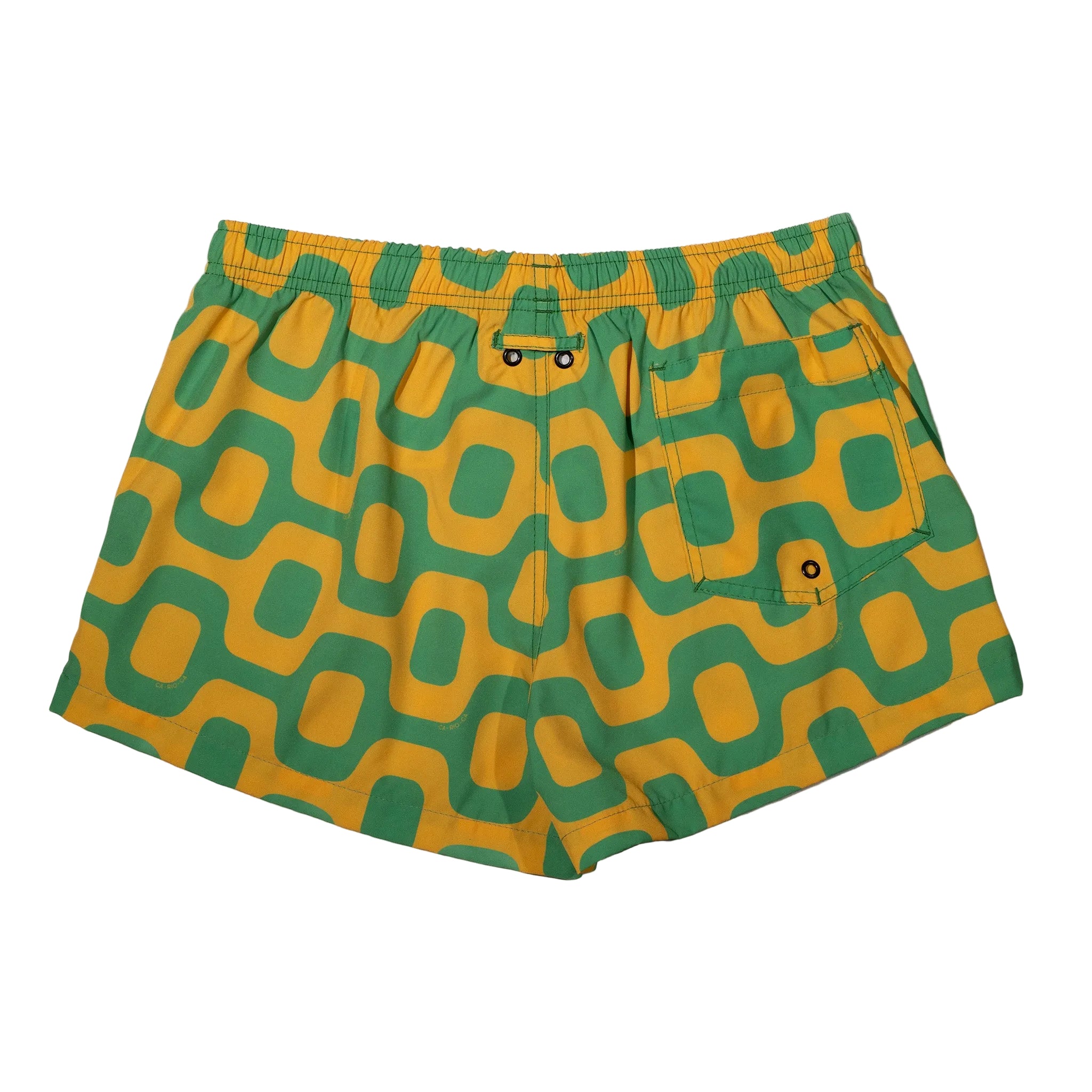 Green and yellow patterned shorts on a light gray background
