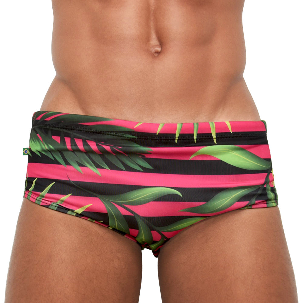 Grumari Pink Sunga - Black Stripes & Leaves - Men's Designer Swimwear - CLEARANCE / FINAL SALES