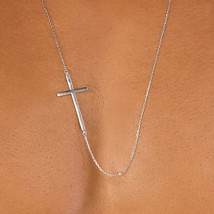 Sideways Silver Male Cross Necklace - Silver Men's Necklace