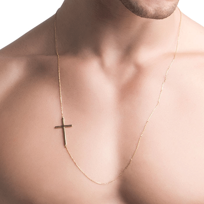 Sideways Silver Male Cross Necklace - Silver Men&#39;s Necklace
