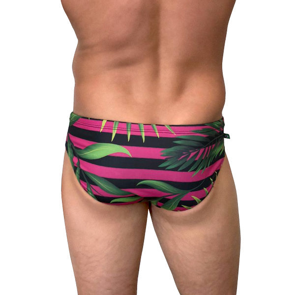 Grumari Pink Sunga - Black Stripes &amp; Leaves - Trajes de baño de diseñador para hombre - LIQUIDACIÓN / VENTAS FINALES